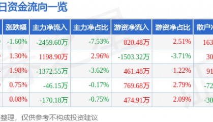 股票行情快报：佳电股份（000922）8月19日主力资金净卖出2459.60万元