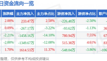 股票行情快报：佳电股份（000922）9月5日主力资金净买入233.47万元