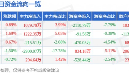 股票行情快报：康强电子（002119）8月6日主力资金净买入1079.79万元