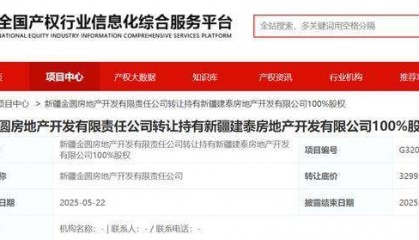 新疆金圆房地产挂牌转让建泰房地产100%股权，底价3299.98万元