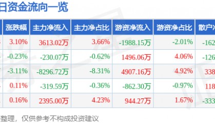 股票行情快报：湖南黄金（002155）8月4日主力资金净买入3613.02万元