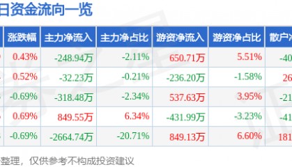 股票行情快报：佳电股份（000922）8月11日主力资金净卖出248.94万元