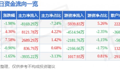 股票行情快报：中矿资源（002738）9月9日主力资金净卖出8169.29万元