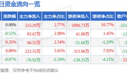 股票行情快报：罗普斯金（002333）7月29日主力资金净买入515.29万元