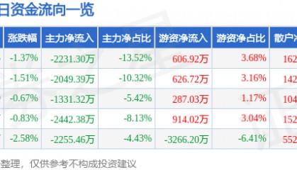 股票行情快报：佳电股份（000922）7月31日主力资金净卖出2231.30万元