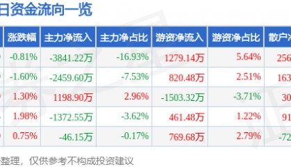 股票行情快报：佳电股份（000922）8月20日主力资金净卖出3841.22万元