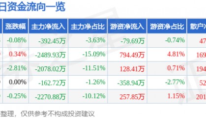 股票行情快报：佳电股份（000922）8月29日主力资金净卖出392.45万元