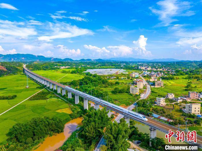 广西梧州龙圩：动车飞驰过田野