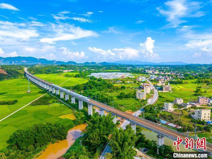 广西梧州龙圩：动车飞驰过田野