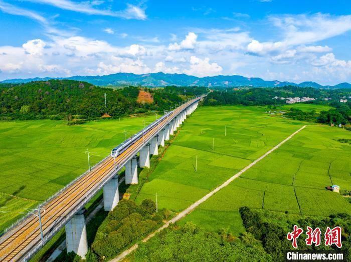 广西梧州龙圩：动车飞驰过田野