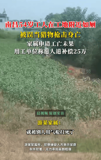 54岁农民工在工地附近如厕被气枪击杀,肇事者自首,用工单位愿补偿25万,家属发声