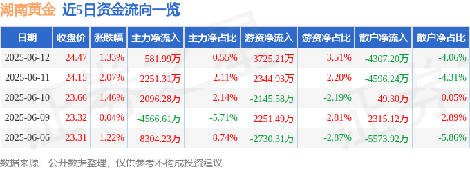 股票行情快报：湖南黄金（002155）6月12日主力资金净买入581.99万元
