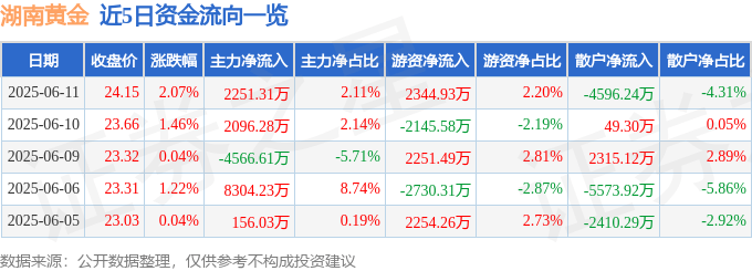 股票行情快报：湖南黄金（002155）6月11日主力资金净买入2251.31万元