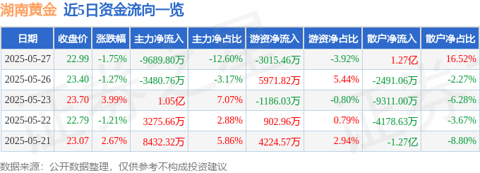 股票行情快报：湖南黄金（002155）5月27日主力资金净卖出9689.80万元