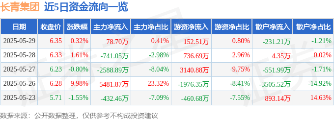 股票行情快报:长青集团(002616)5月29日主力资金净买入78.70万元
