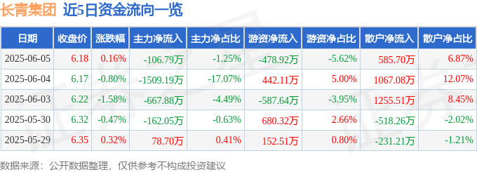 股票行情快报：长青集团（002616）6月5日主力资金净卖出106.79万元