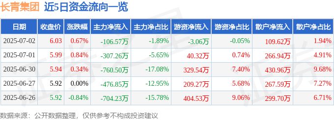 股票行情快报:长青集团(002616)7月2日主力资金净卖出106.57万元