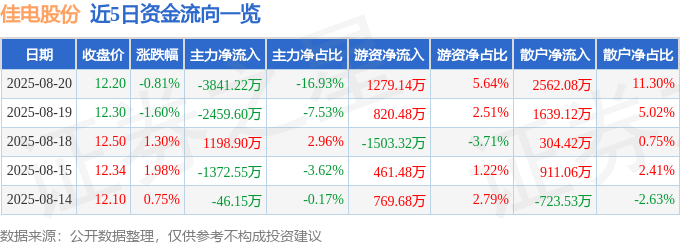 股票行情快报:佳电股份(000922)8月20日主力资金净卖出3841.22万元