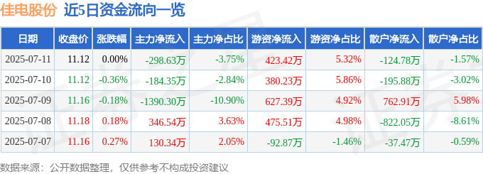 股票行情快报：佳电股份（000922）7月11日主力资金净卖出298.63万元