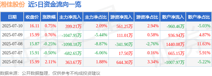 股票行情快报：湘佳股份（002982）7月10日主力资金净买入399.21万元