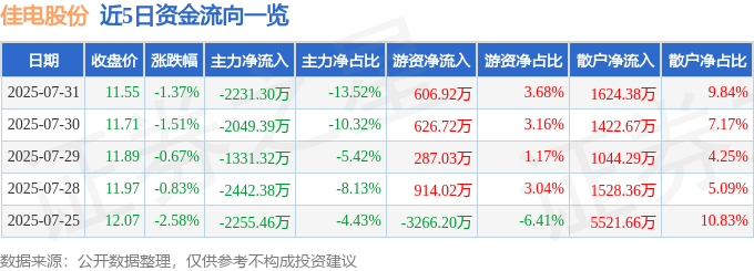 股票行情快报：佳电股份（000922）7月31日主力资金净卖出2231.30万元