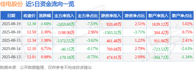 股票行情快报：佳电股份（000922）8月19日主力资金净卖出2459.60万元