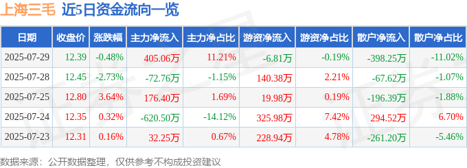 股票行情快报:上海三毛(600689)7月29日主力资金净买入405.06万元