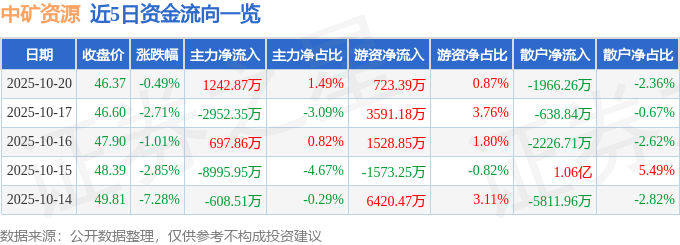 股票行情快报：中矿资源（002738）10月20日主力资金净买入1242.87万元